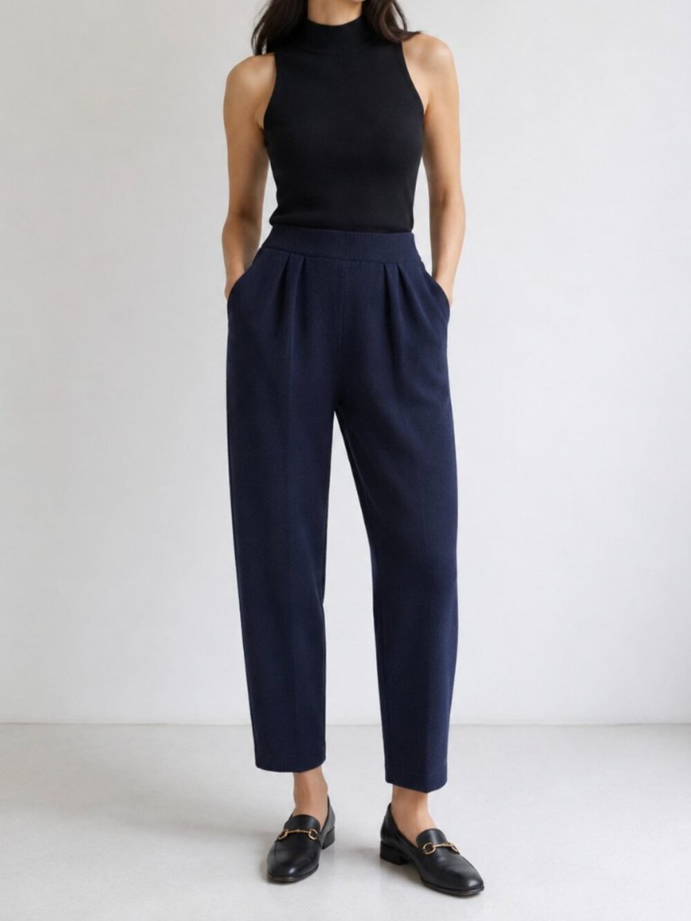 St John Collection Santana Knit Pants Blue Pleated High Waist Quiet Luxury 4